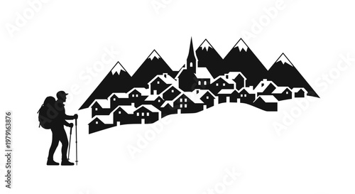 Hiker silhouette with mountain village.
