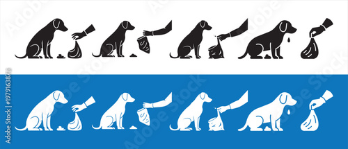 Dog Poop Cleanup Steps Silhouettes. Pet Owner Responsibly Disposing Waste with Bag, Promoting Urban Hygiene.