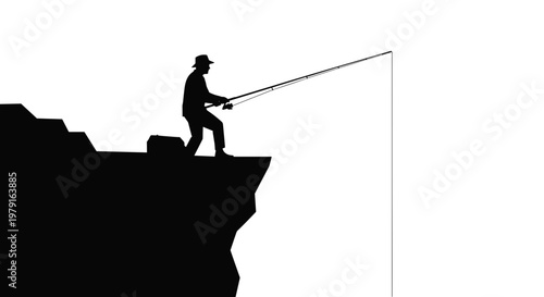 Man fishing from rocky cliff.