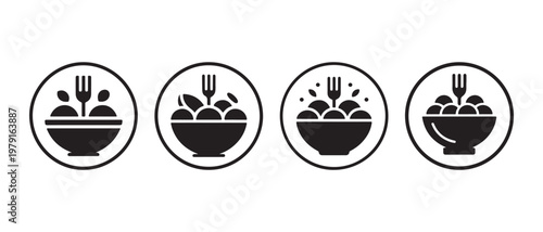 Bowls of food with forks icons set, symbolizing dining and meal options.