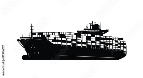 Large container ship depicted in a striking black outline silhouette