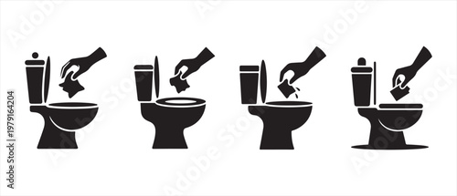 Bathroom Hygiene Icons. Hand Dropping Cleaning Product into Toilet for Disposal Process.