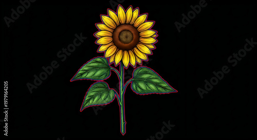 A vibrant yellow sunflower with green leaves on a black background.