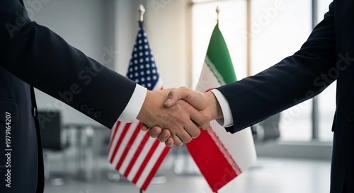 Two businessmen shaking hands in a conference room with American and Iranian flags in the background