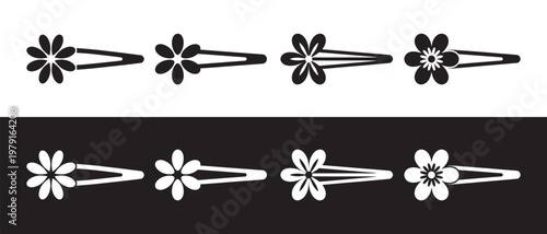Set of floral snap hair clips in black and white, presented as a graphic icon collection on contrasting backgrounds.