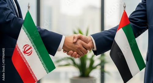 Two businessmen shaking hands with Iranian and Emirati flags in the background
