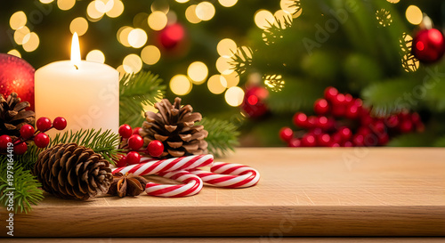 Festive holiday scene with candle pinecones and candy canes on wooden table.