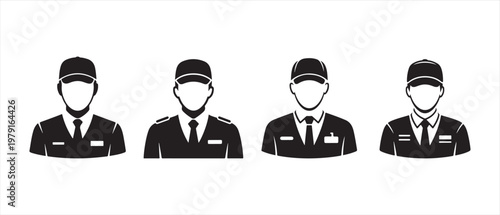 Male Professional Security and Service Personnel Icons. in Uniform with Caps and Ties on White Background.