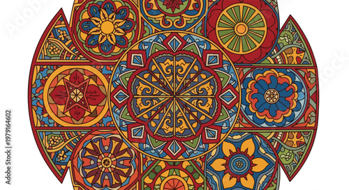 Colorful mandala designs on fabric.