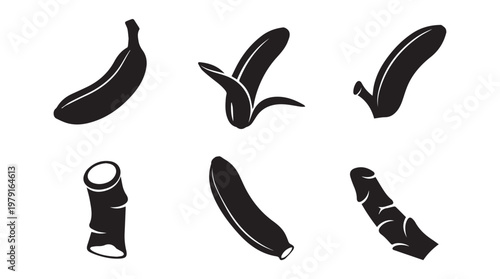 Banana fruit peel and stalk icons in simple silhouette style on a white background
