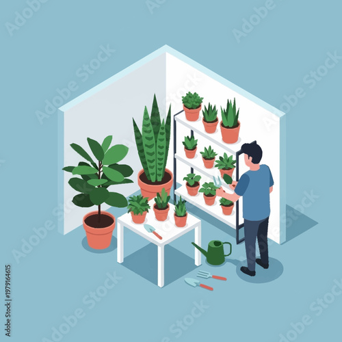 Man tending plants in a greenhouse.