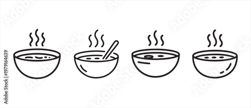 Steaming Hot Soup Bowls Line Art. Illustration with a Spoon, Minimalist Comfort Food Icon Set.