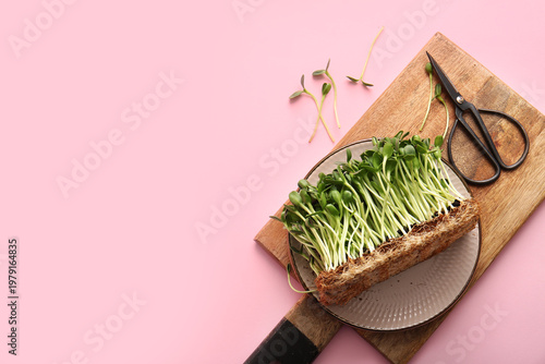 Wooden board with fresh micro green and scissors on pink background