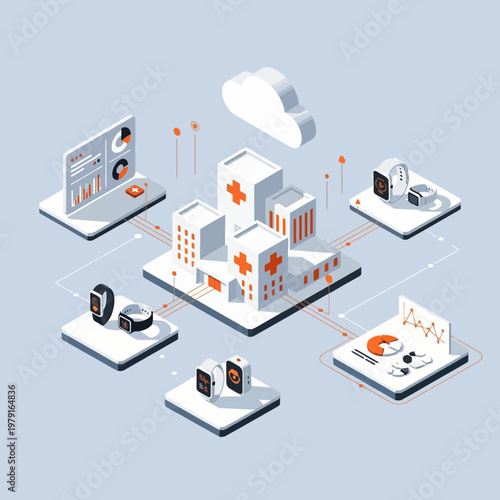 Isometric Hospital Connected to Wearable Devices and Cloud.
