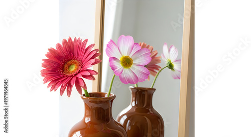 Brown ceramic vases with pink and red flowers on white background.