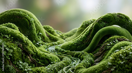Abstract green landscape with winding organic hills and lush moss textures, eco environment concept with natural depth and detail