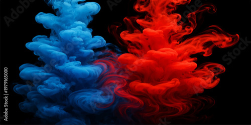 Vivid red smoke swirls against a black background in a fiery art design featuring burning heat and a dangerous orange blaze