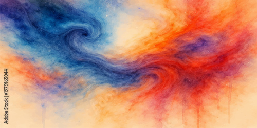 A vibrant abstract watercolor background features a fiery blend of red, orange, and yellow paint textures on canvas with a grunge paper design reminiscent of a hot smoke cloud in the sky