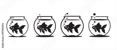Minimalist black silhouette illustration of four goldfish in glass fishbowls lined up on a clean white background.