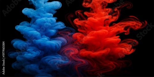 Vibrant red and blue smoke waves flow in a burning motion across a black background creating an abstract art design of heat and energy