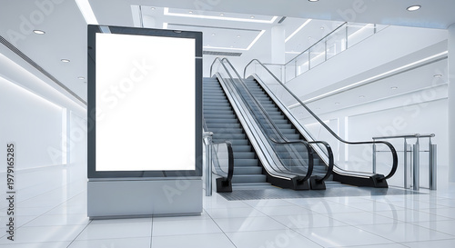 A large blank billboard advertisement next to a modern escalator in a sleek white interior space with shiny floors and recessed lighting.