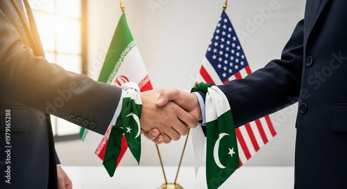 Two businessmen shaking hands in front of flags of Iran, Pakistan, and USA