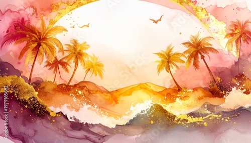 beautiful border frame of summer themed painting with beach scene background with copy space