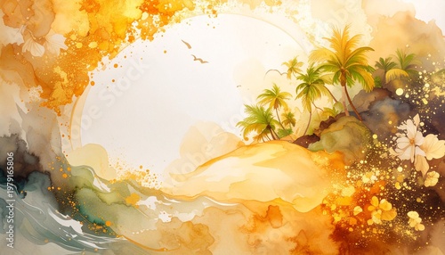 beautiful border frame of summer themed painting with beach scene background with copy space