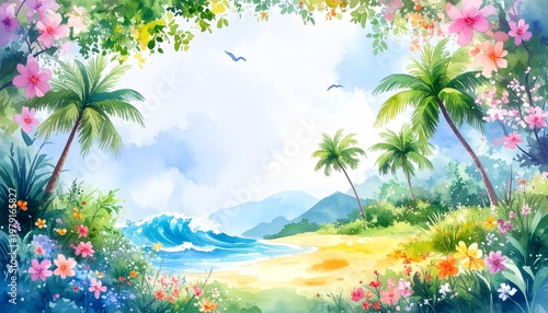 beautiful border frame of summer themed painting with beach scene background with copy space