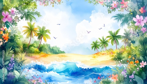 beautiful border frame of summer themed painting with beach scene background with copy space