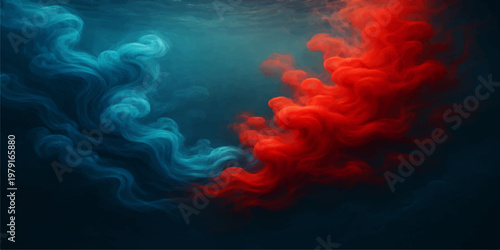 Abstract red smoke waves and burning fire flames create a hot motion texture with light energy and an explosion of color against a dark black sky