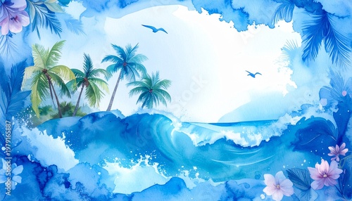 beautiful border frame of summer themed painting with beach scene background with copy space
