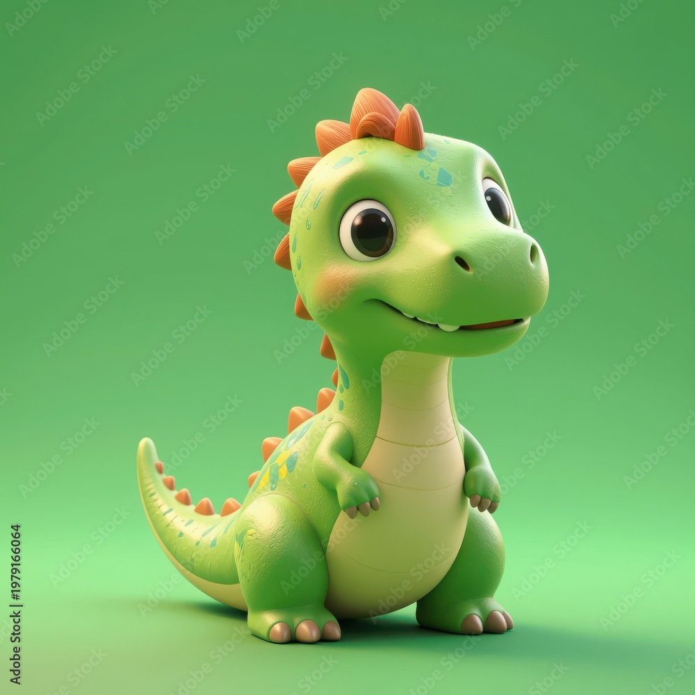 Fototapeta premium Cute Green Cartoon Dinosaur Toy with Orange Spikes on Green Background