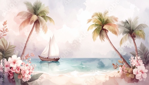 beautiful border frame of summer themed painting with beach scene background with copy space