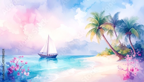 beautiful border frame of summer themed painting with beach scene background with copy space