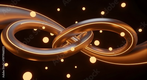 Abstract 3D Render of Intertwined Glowing Rings and Spheres on Dark Background