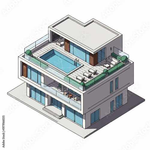 Modern multi-level house with rooftop pool.