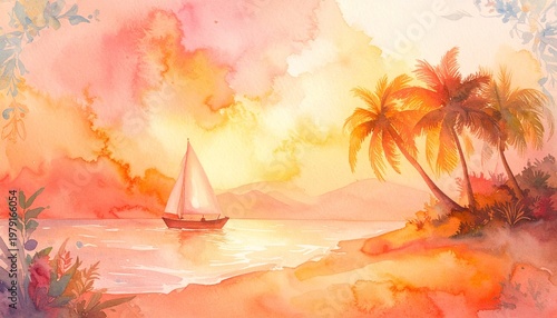 beautiful border frame of summer themed painting with beach scene background with copy space