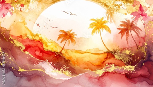 beautiful border frame of summer themed painting with beach scene background with copy space