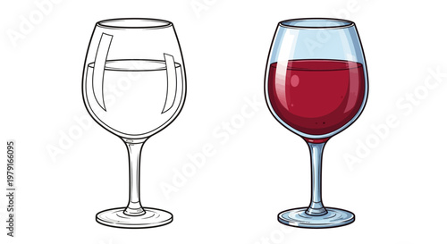 Red Wine Glass Comparison: Outline vs. Colored Illustration