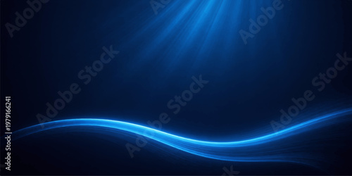 An abstract blue background design features flowing dark waves and glowing light lines to create a digital motion texture with energy rays and an artistic space pattern