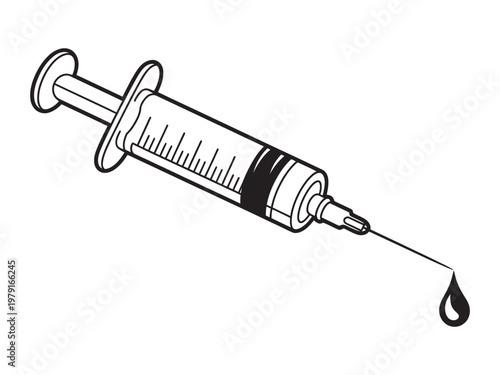 Medical syringe vector, needle injecting liquid drop, medical injection concept, healthcare symbol, clean editable isolated illustration