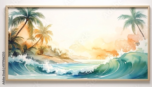 beautiful border frame of summer themed painting with beach scene background with copy space