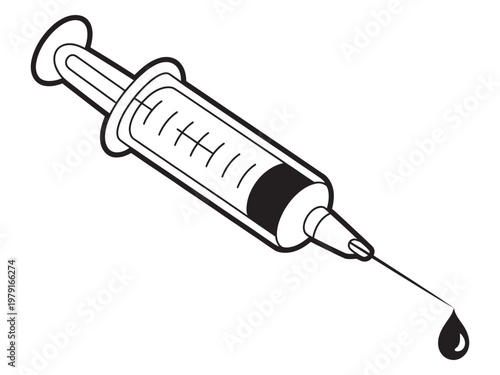 Medical syringe vector, needle injecting liquid drop, healthcare injection concept, clean isolated medical illustration for design use