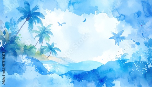 beautiful border frame of summer themed painting with beach scene background with copy space