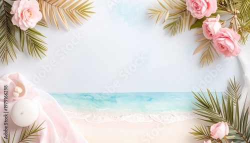 beautiful border frame of summer themed painting with beach scene background with copy space