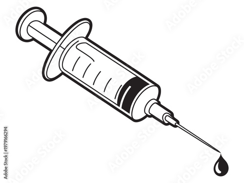 Medical syringe vector, needle injecting liquid drop, healthcare injection concept, clean isolated medical illustration for design use