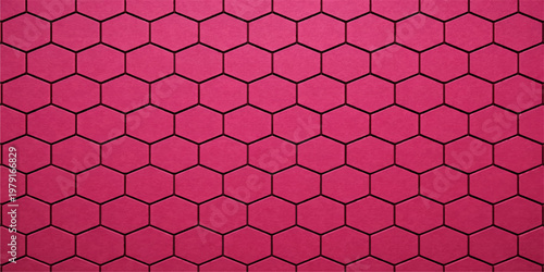Seamless geometric design of red and pink 3d cubes in a hexagonal honeycomb grid texture for a black metal vector tile wallpaper