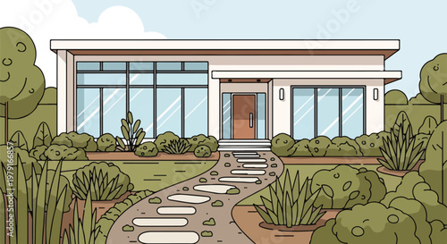 Modern house with pathway and garden.