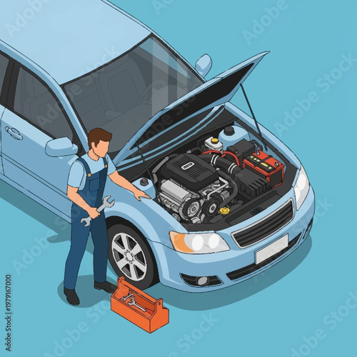 Mechanic inspecting car engine with tools.